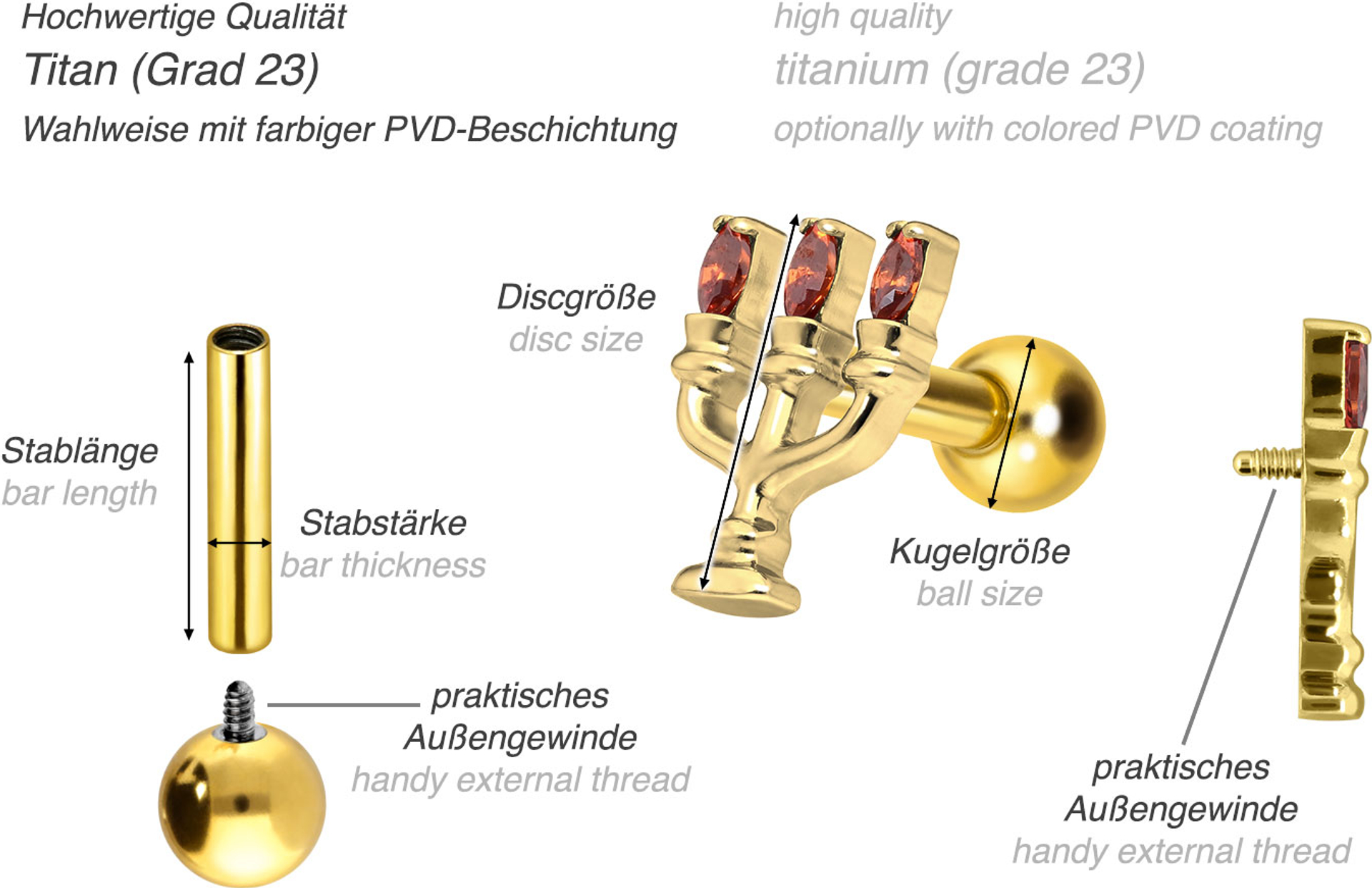 Titanium ear piercing with internal thread CANDLEHOLDER | 8 | GO = Gold ...